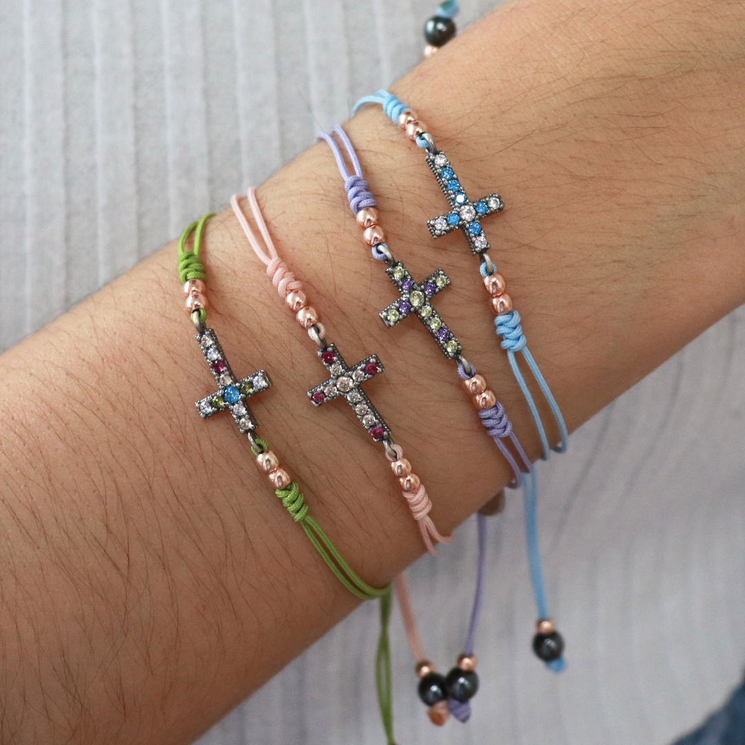 Pulsera Plata Macramé Cruz