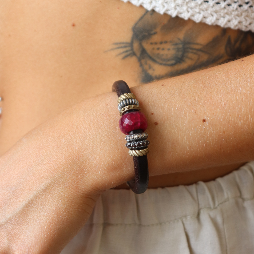 Pulsera Cuero Plata y Bronce