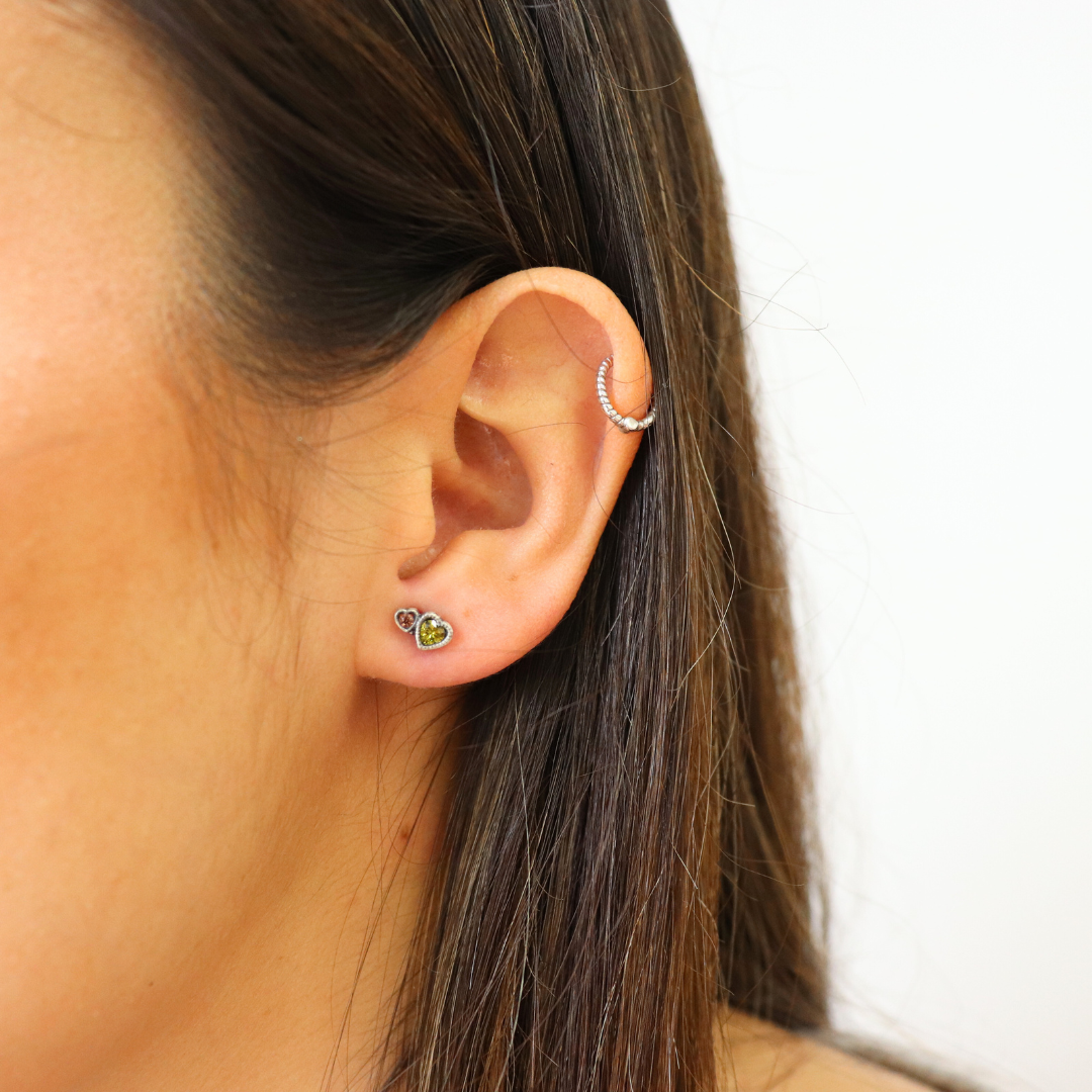 Pendientes plata botón dos corazones