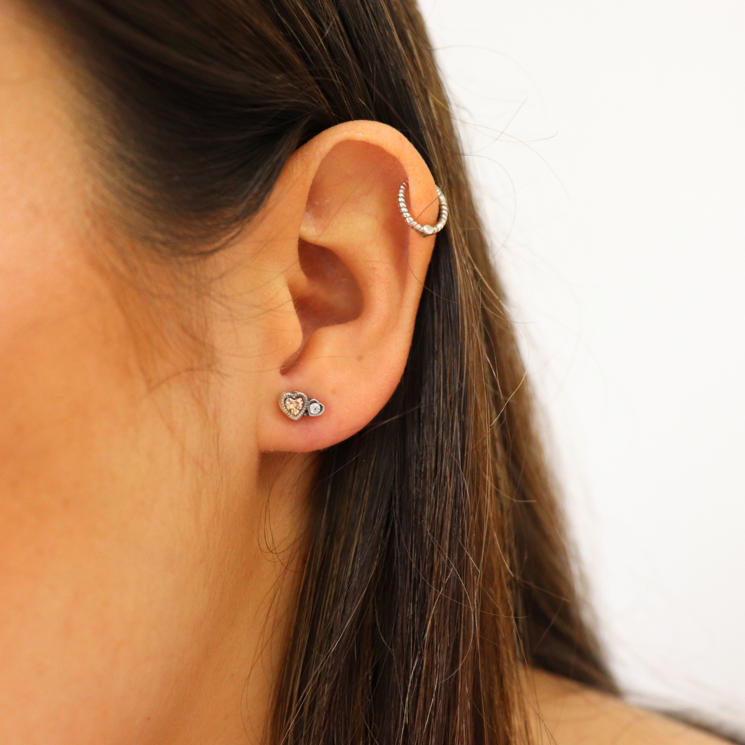 Pendientes plata botón dos corazones