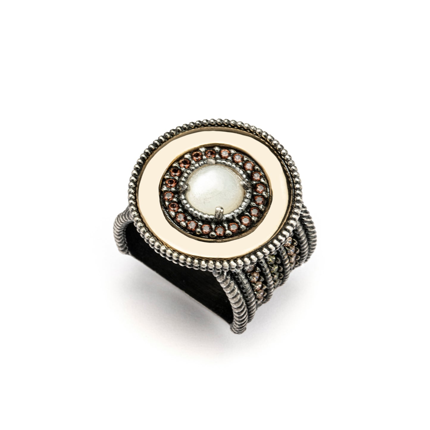 15567 ANILLO PLATA Y ORO 9KT, NÁCAR, CIRCONITAS BROWN