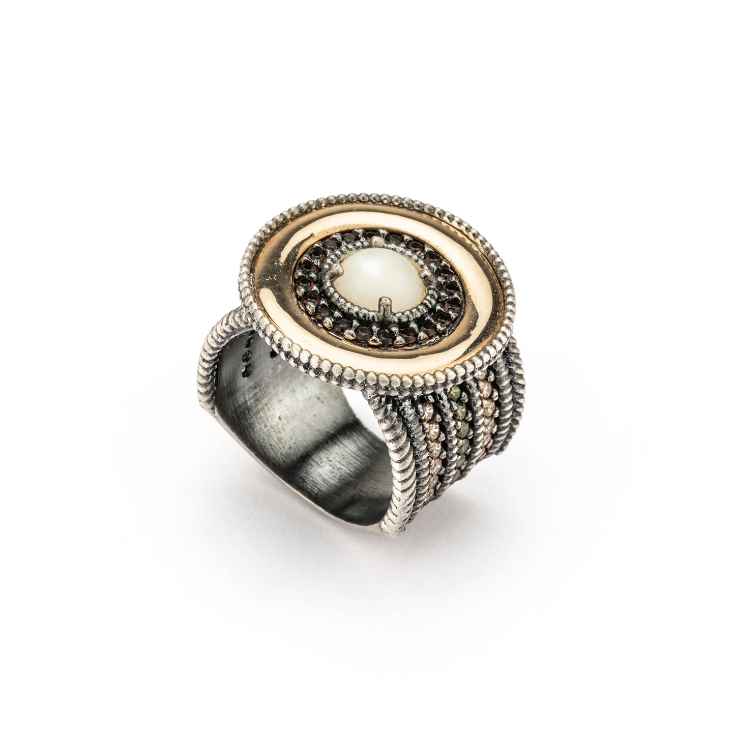15567 ANILLO PLATA Y ORO 9KT, NÁCAR, CIRCONITAS BROWN