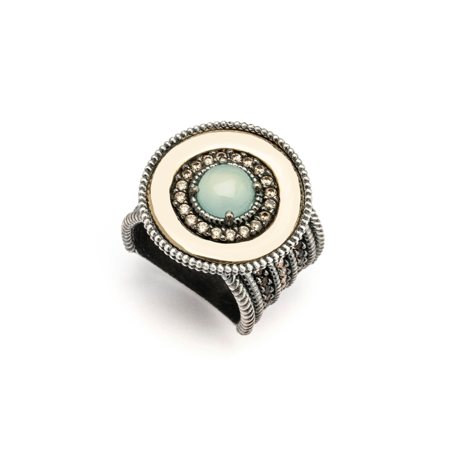 15568 ANILLO PLATA Y ORO 9KT, CALCEDONIA, CIRCONITAS CAVA