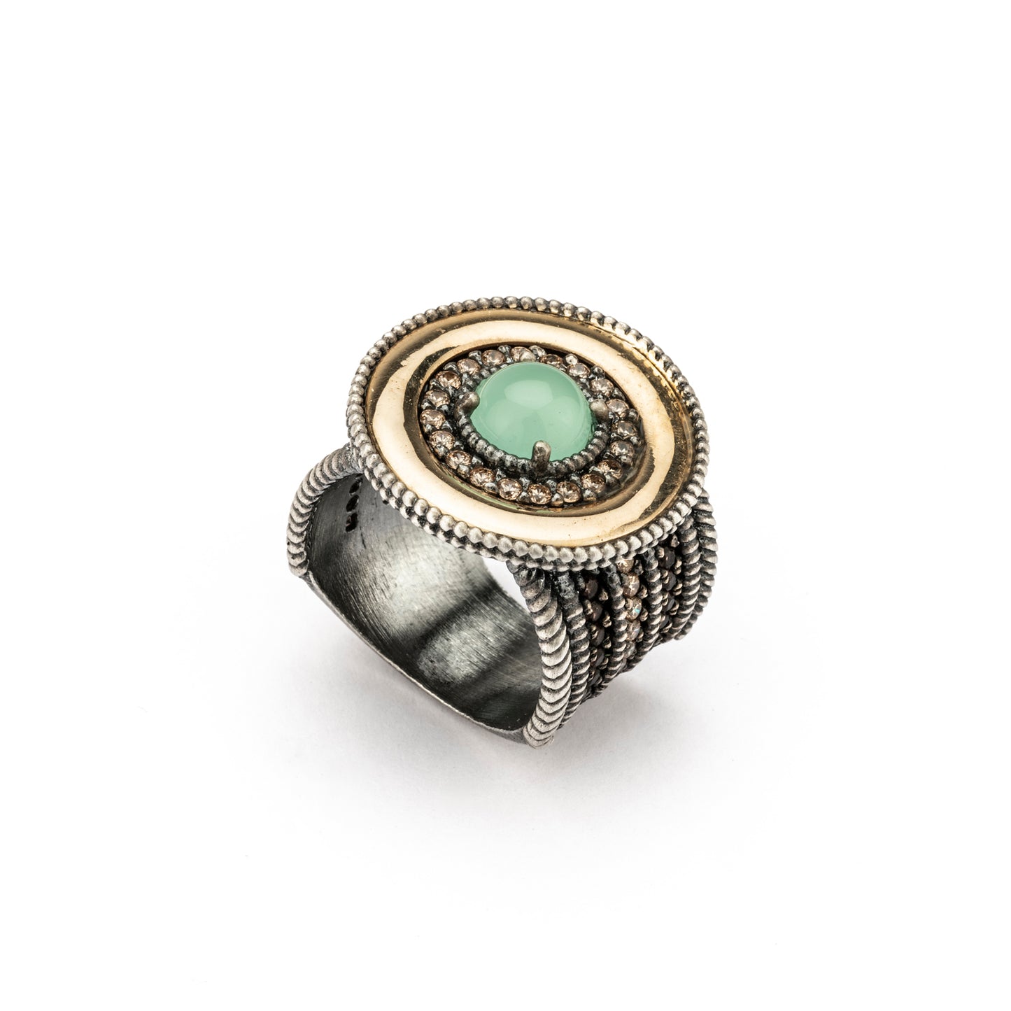 15568 ANILLO PLATA Y ORO 9KT, CALCEDONIA, CIRCONITAS CAVA