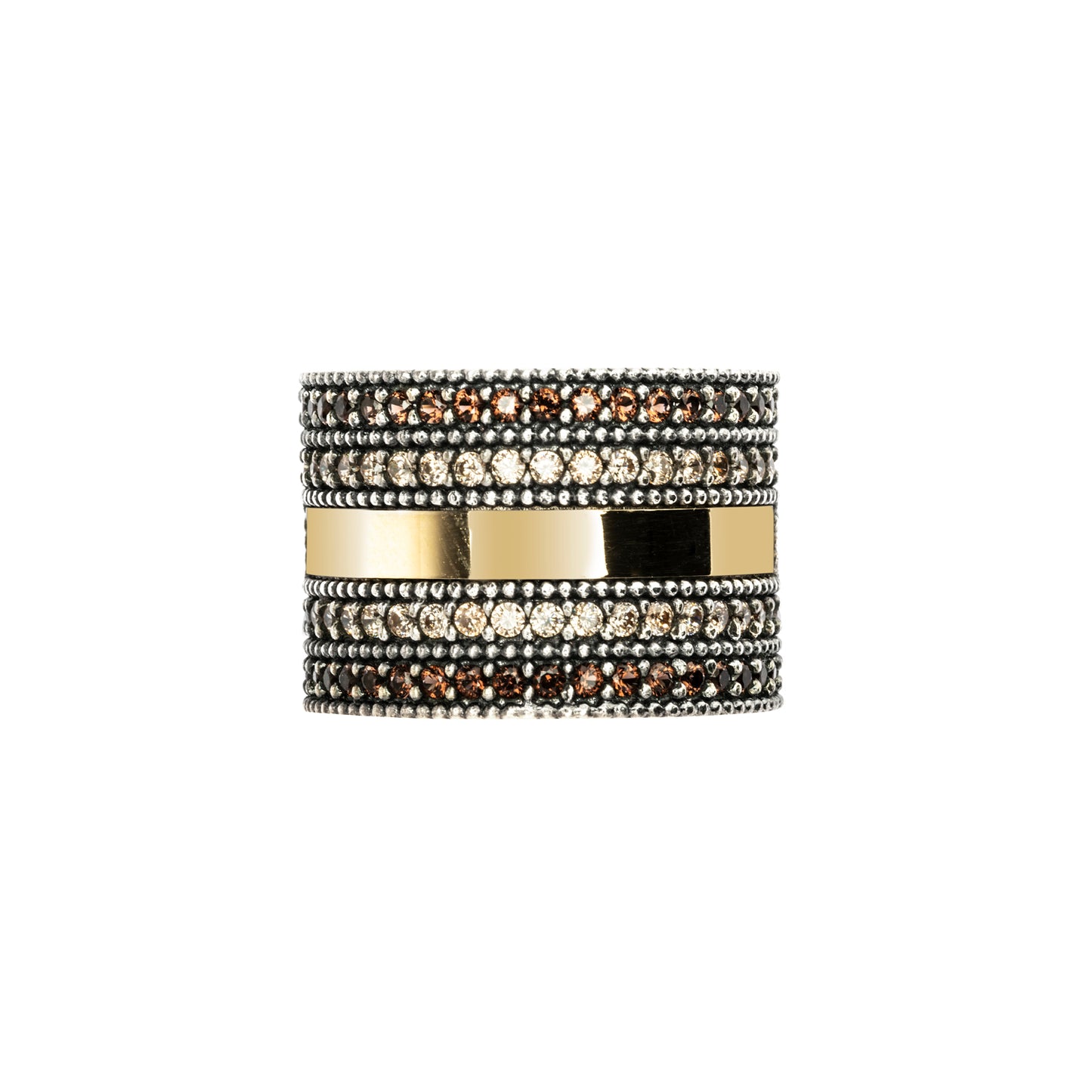 15570 ANILLO ANCHO PLATA Y ORO 9KT, CIRCONITAS CAVA, BROWN