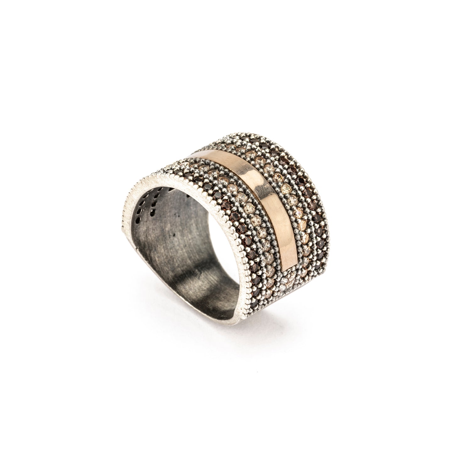 15570 ANILLO ANCHO PLATA Y ORO 9KT, CIRCONITAS CAVA, BROWN