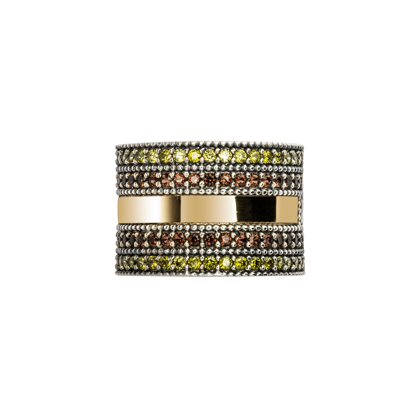 15571 ANILLO ANCHO PLATA Y ORO 9KT, CIRCONITAS BROWN, VERDE