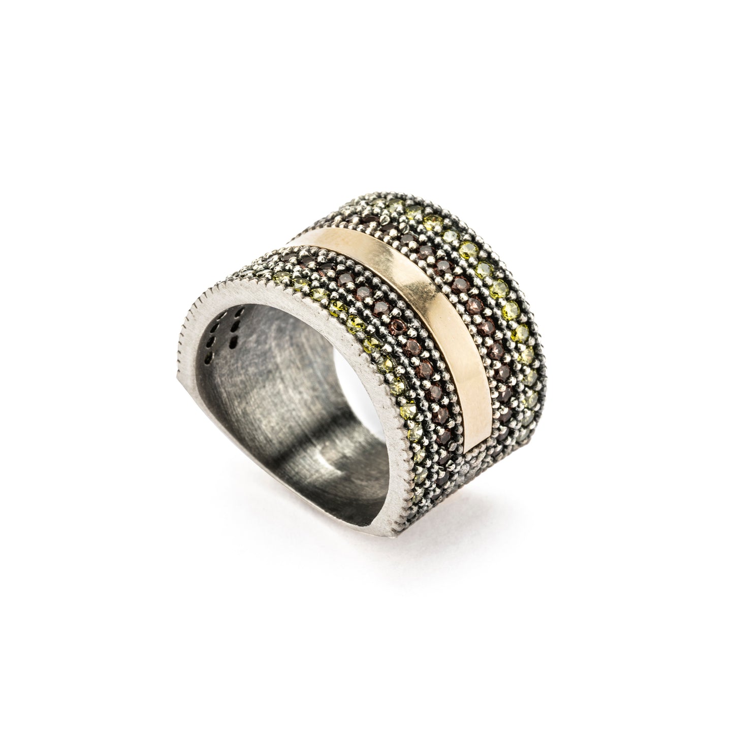 15571 ANILLO ANCHO PLATA Y ORO 9KT, CIRCONITAS BROWN, VERDE