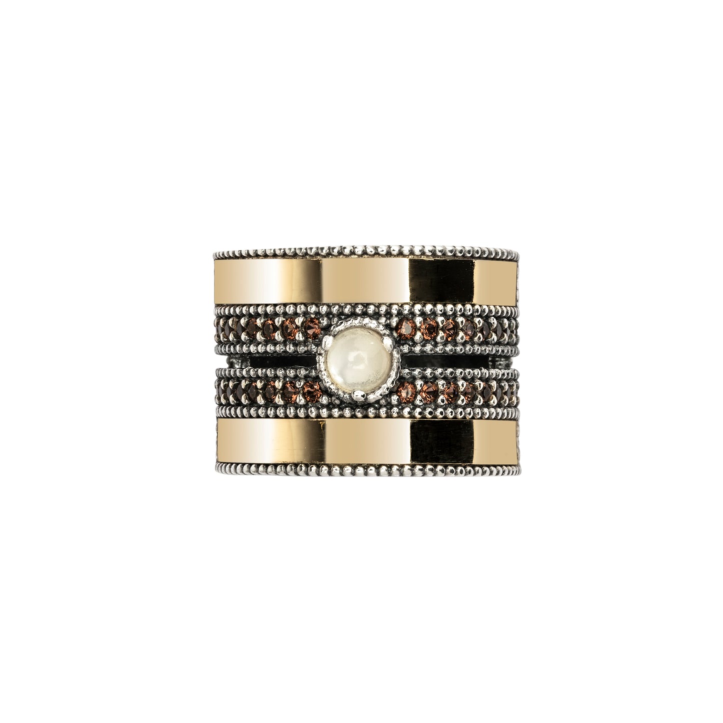 15574 ANILLO ANCHO PLATA Y ORO 9KT, NÁCAR, CIRCONITAS BROWN