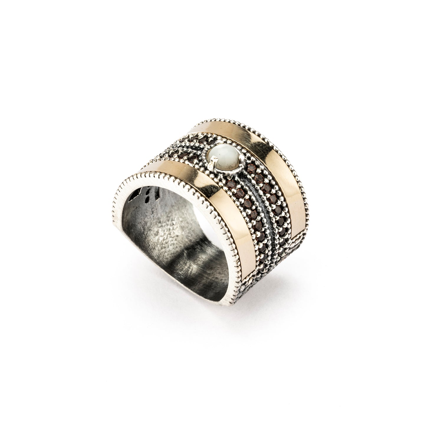 15574 ANILLO ANCHO PLATA Y ORO 9KT, NÁCAR, CIRCONITAS BROWN