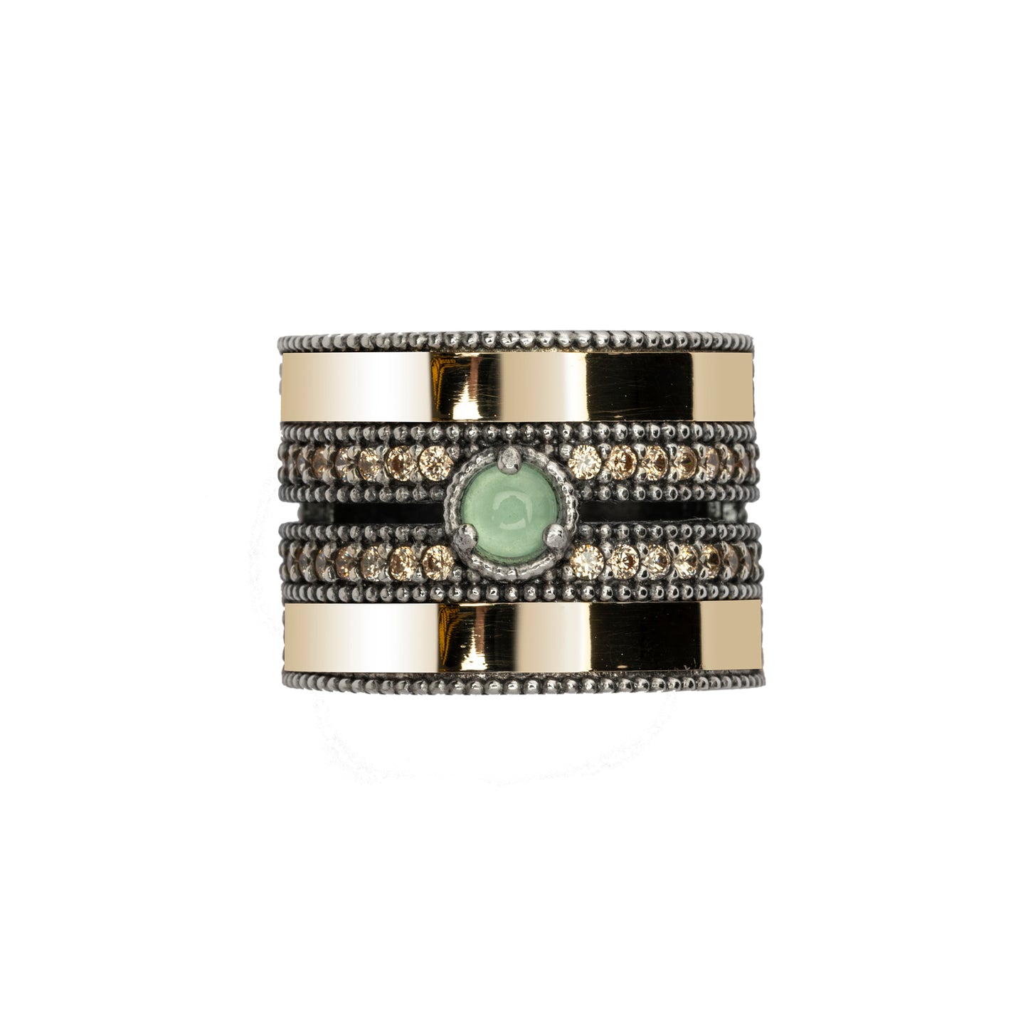 15575 ANILLO ANCHO PLATA Y ORO 9KT, CALCEDONIA, CIRCONITAS CAVA