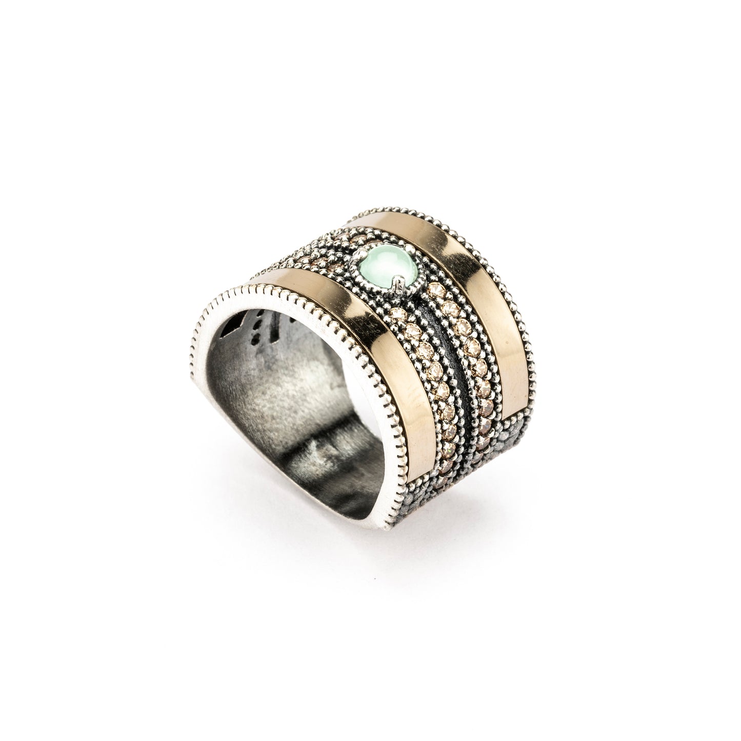 15575 ANILLO ANCHO PLATA Y ORO 9KT, CALCEDONIA, CIRCONITAS CAVA