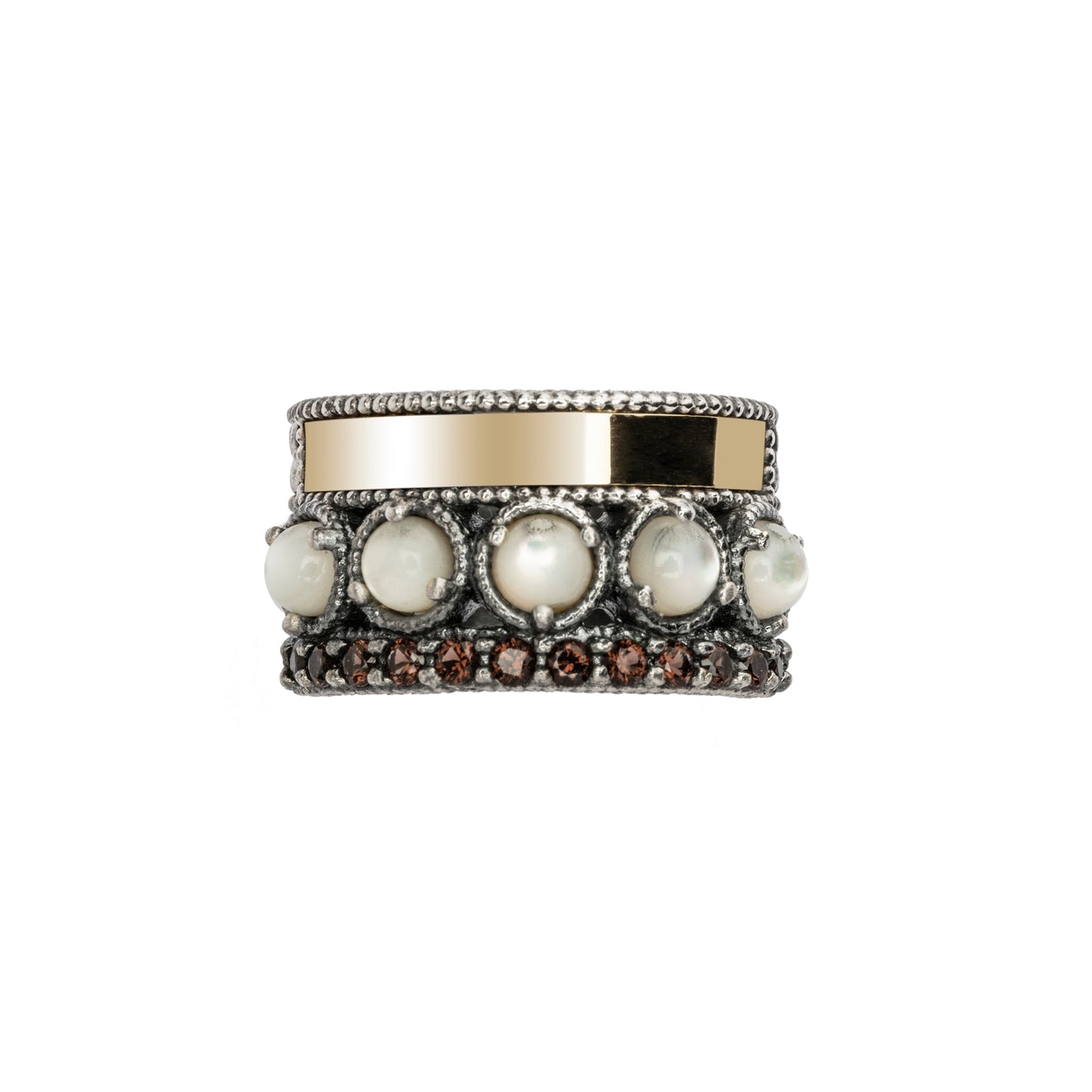 15576 ANILLO PLATA Y ORO 9KT, NÁCAR, CIRCONITAS BROWN