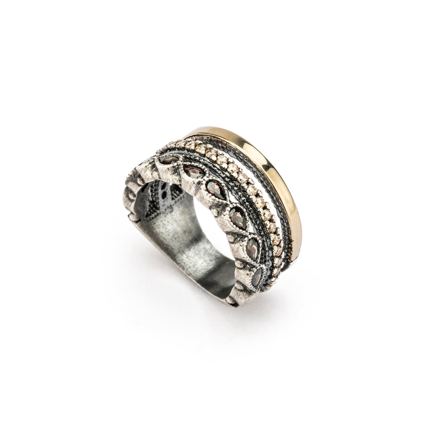 15579 ANILLO PLATA Y ORO 9KT, CIRCONITAS BROWN, CAVA