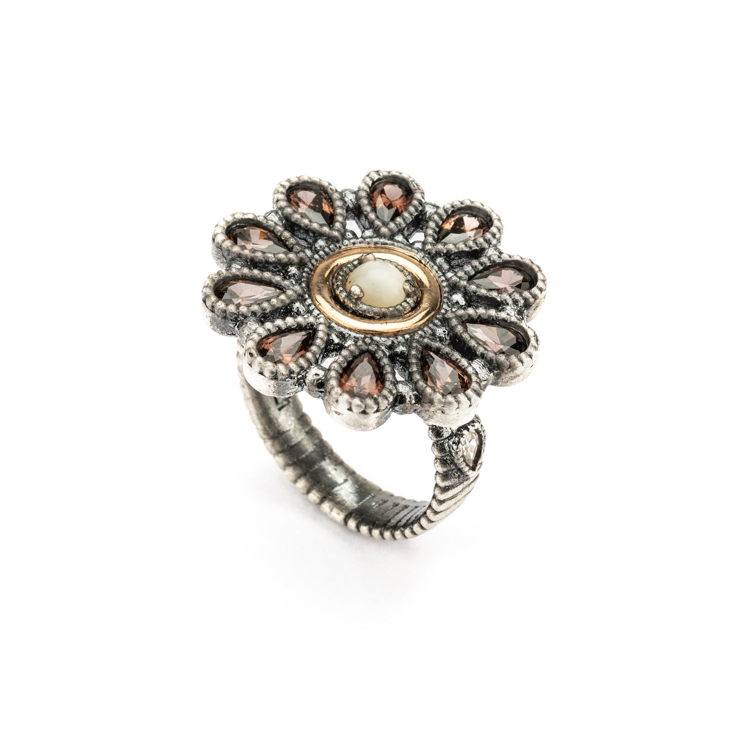 15584 ANILLO PLATA Y ORO 9KT, NÁCAR, PERAS CIRCONITAS BROWN