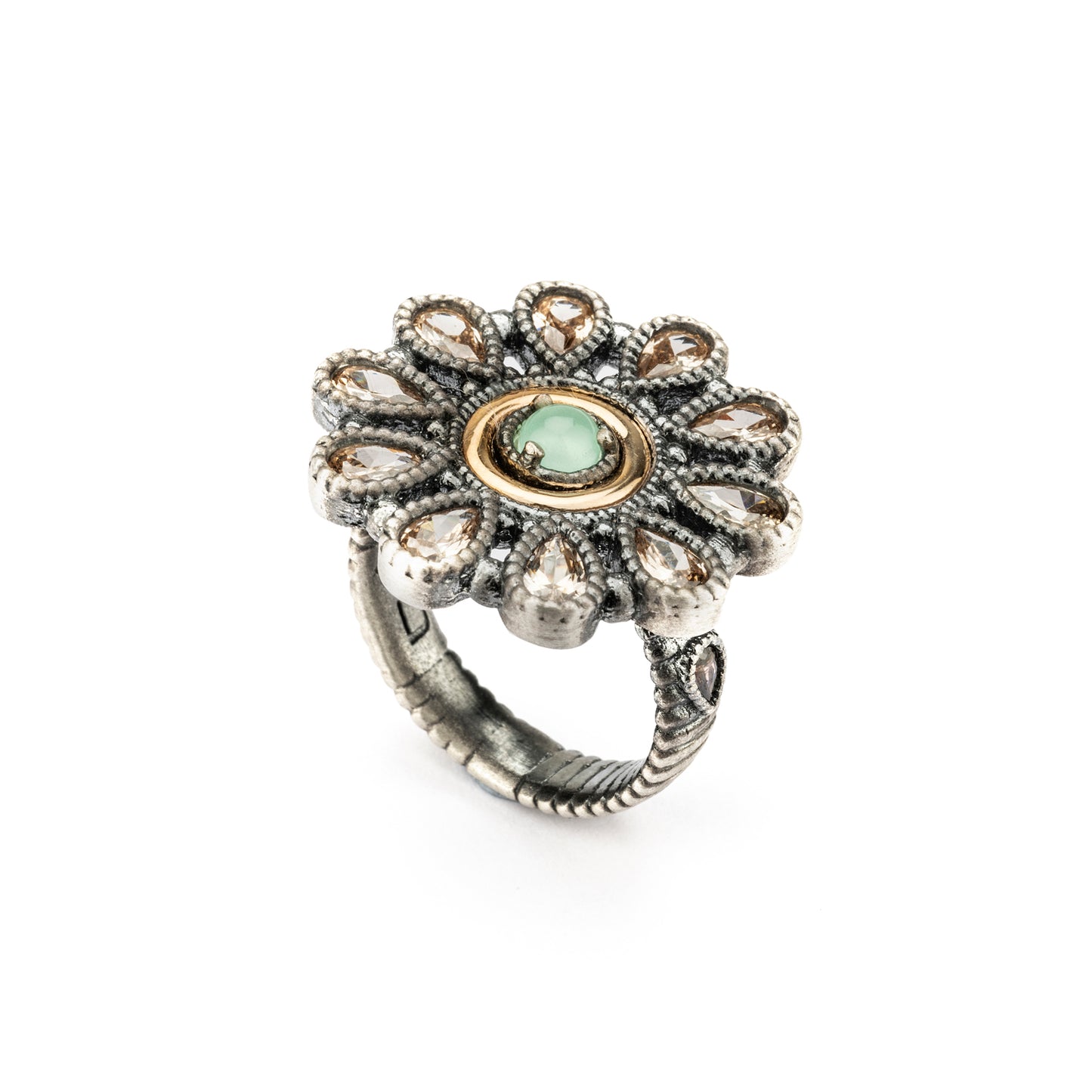 15585 ANILLO PLATA Y ORO 9KT, CALCEDONIA, PERAS CIRCONITAS CAVA