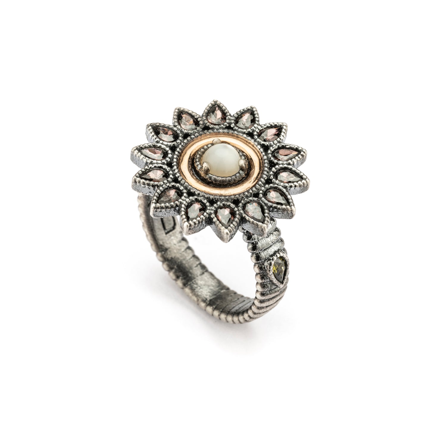 15586 ANILLO PLATA Y ORO 9KT, NÁCAR, PERAS CIRCONITAS BROWN