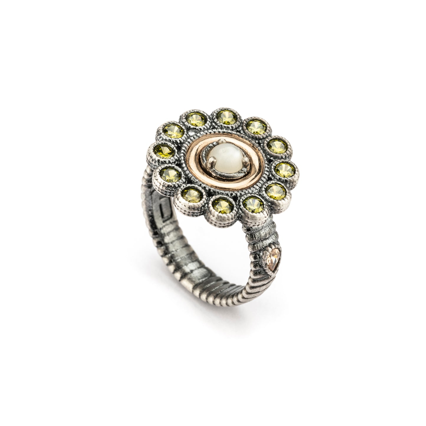 15588 ANILLO PLATA Y ORO 9KT, NÁCAR, CIRCONITAS VERDE OLIVA