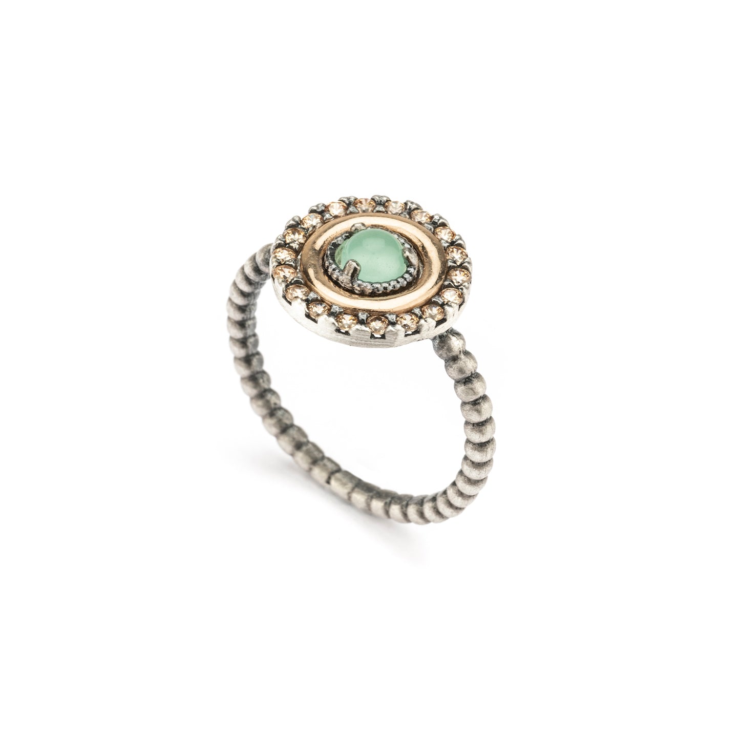 15591 ANILLO PLATA Y ORO 9KT, CALCEDONIA, CIRCONITAS CAVA