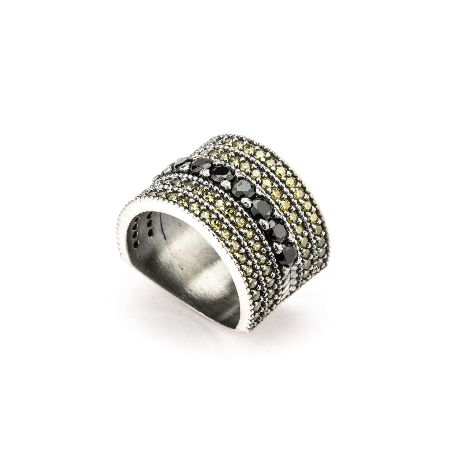 15607 ANILLO ANCHO PLATA, ESPINELAS Y CIRCONITAS VERDE OLIVA