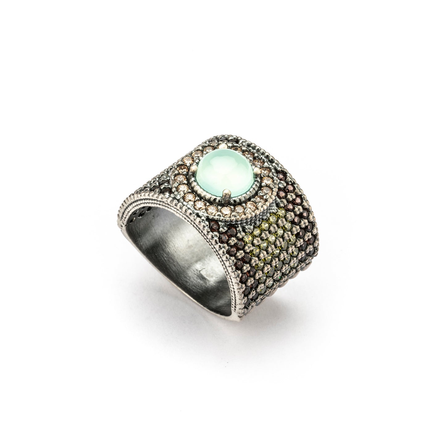 15624 ANILLO ANCHO PLATA CALCEDONIA, CIRCONITAS CAVA, BROWN, VERDE