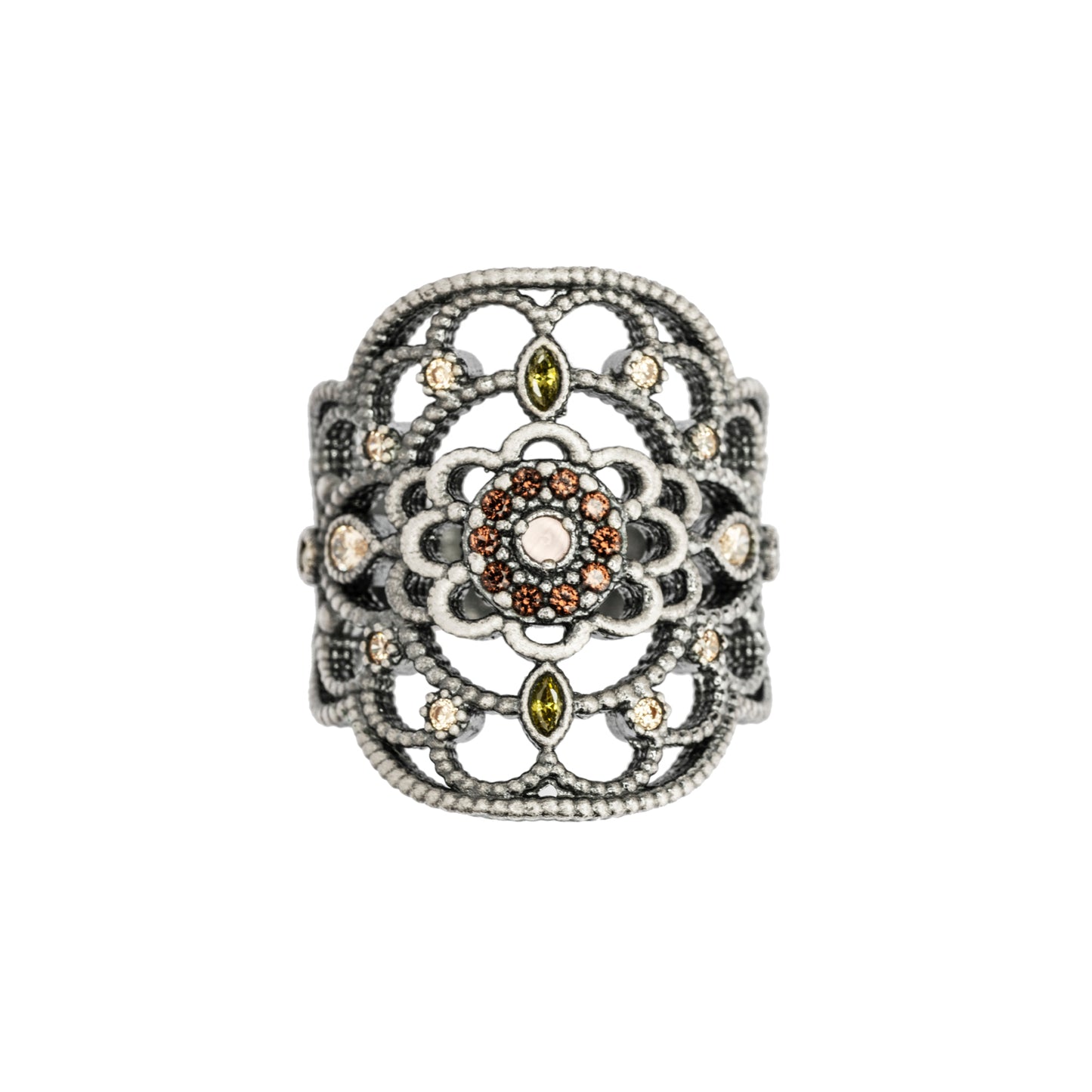 15632 ANILLO FILIGRANA PLATA OJO GATO ROSA, CIRCONITAS CAVA, BROWN, VERDE