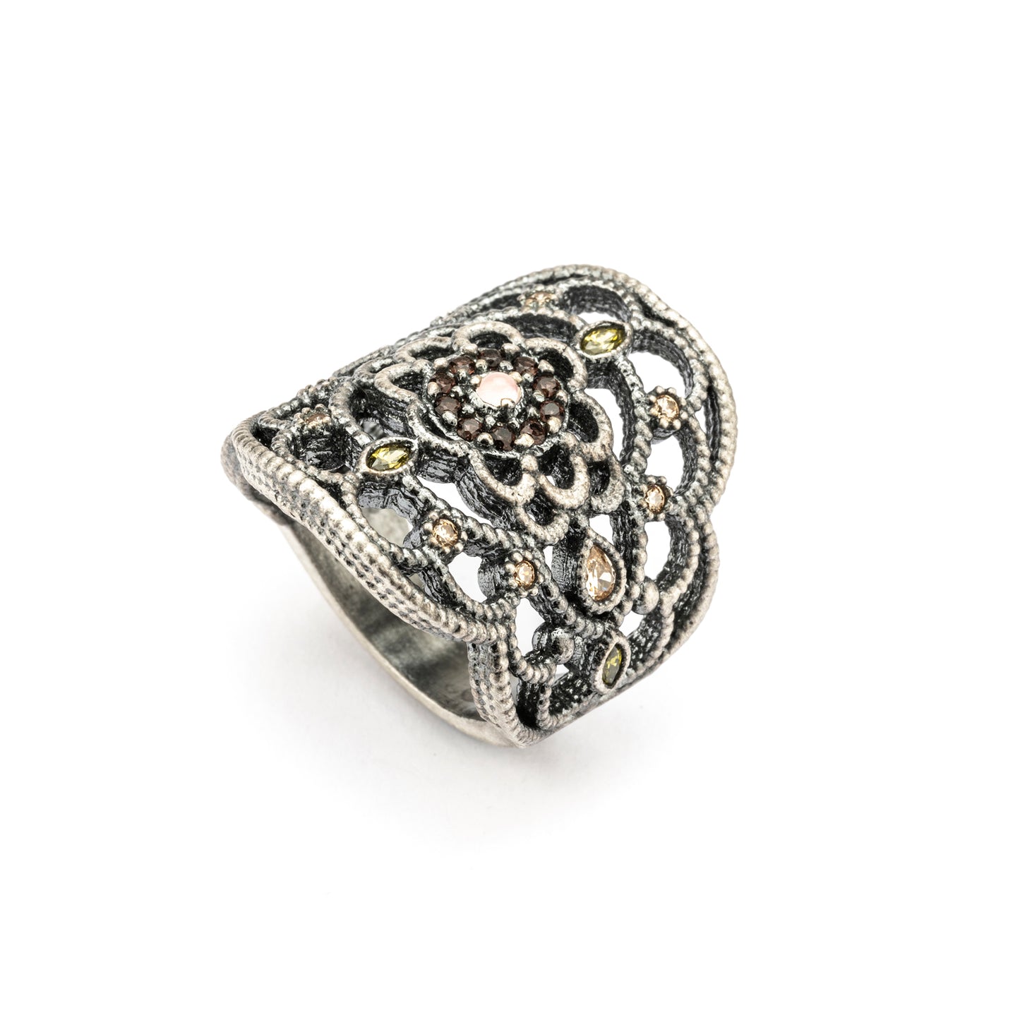 15632 ANILLO FILIGRANA PLATA OJO GATO ROSA, CIRCONITAS CAVA, BROWN, VERDE
