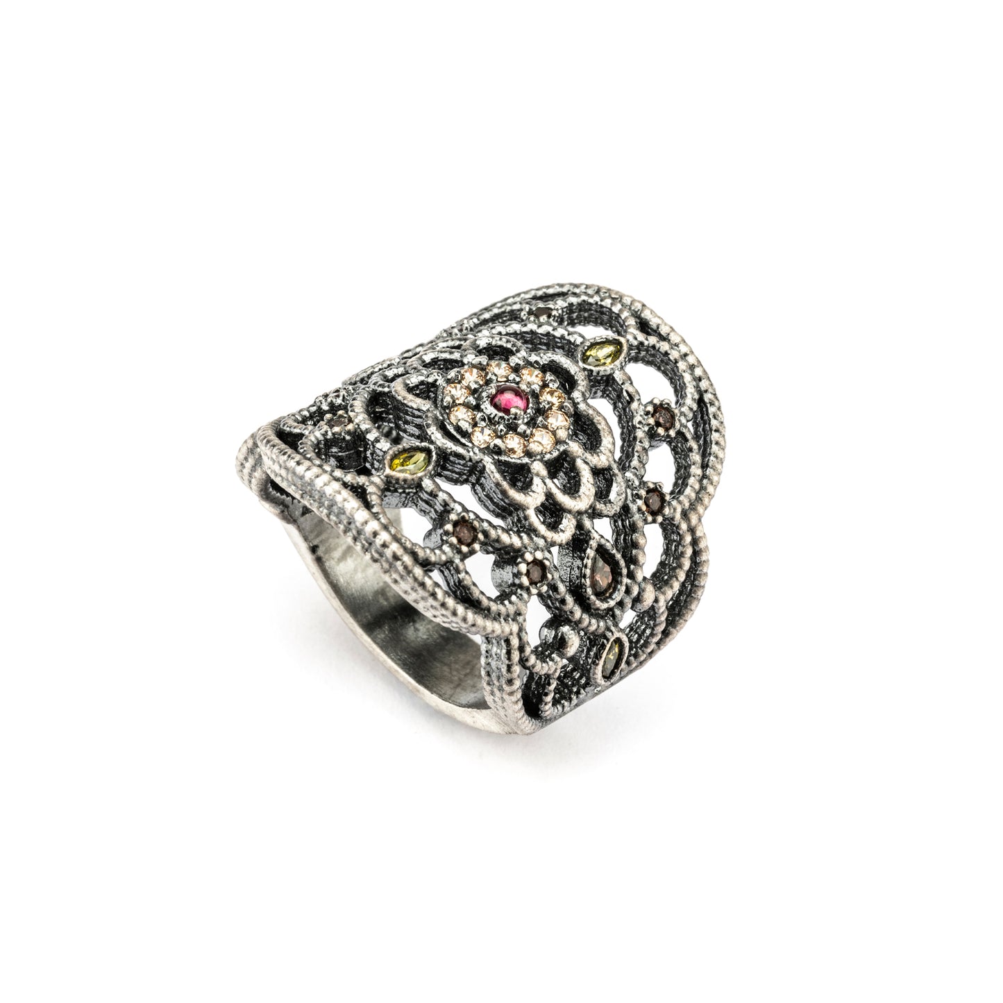 15633 ANILLO FILIGRANA PLATA GRANATE, CIRCONITAS CAVA, BROWN, VERDE