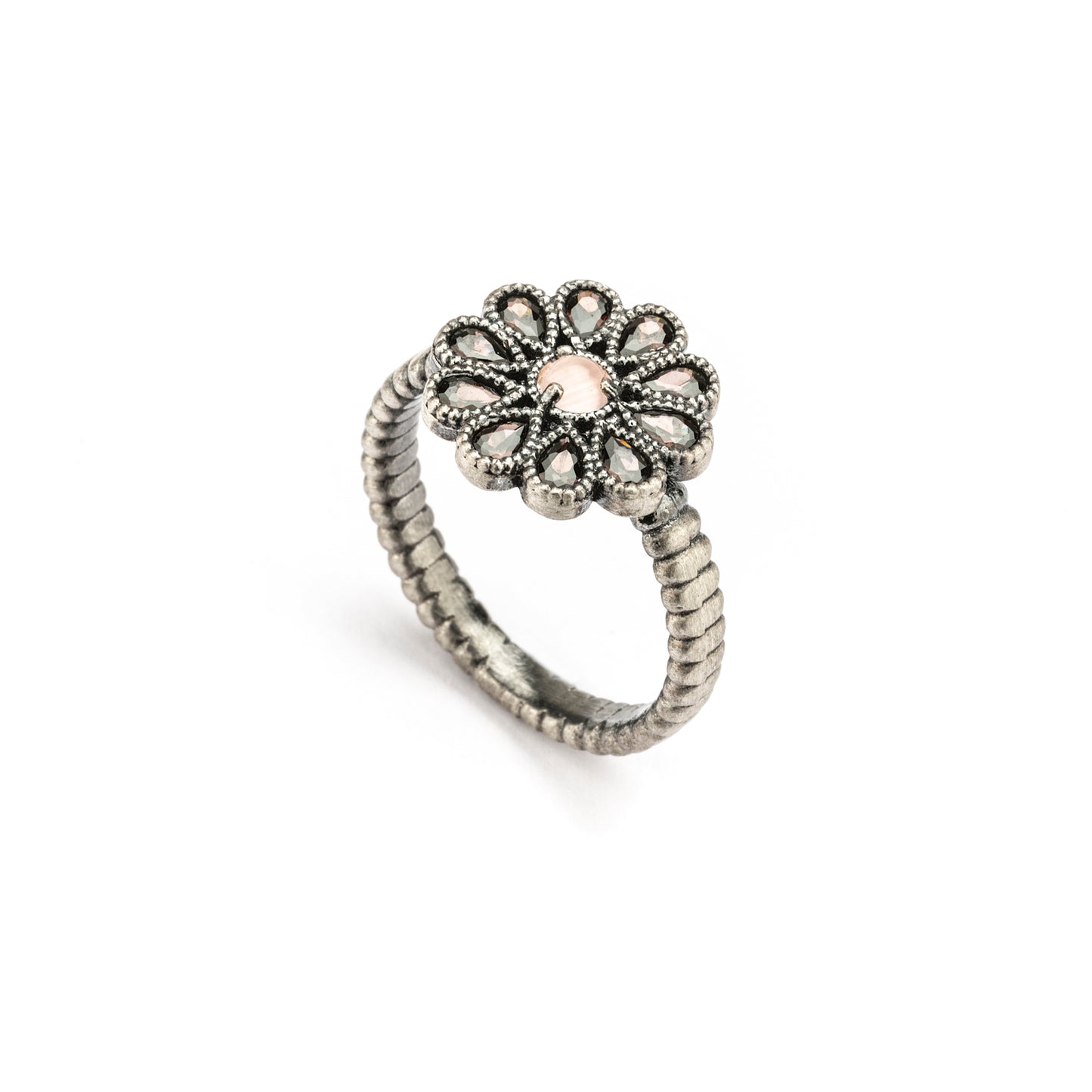 15638 ANILLO PLATA OJO GATO ROSA, PERAS CIRCONITAS BROWN