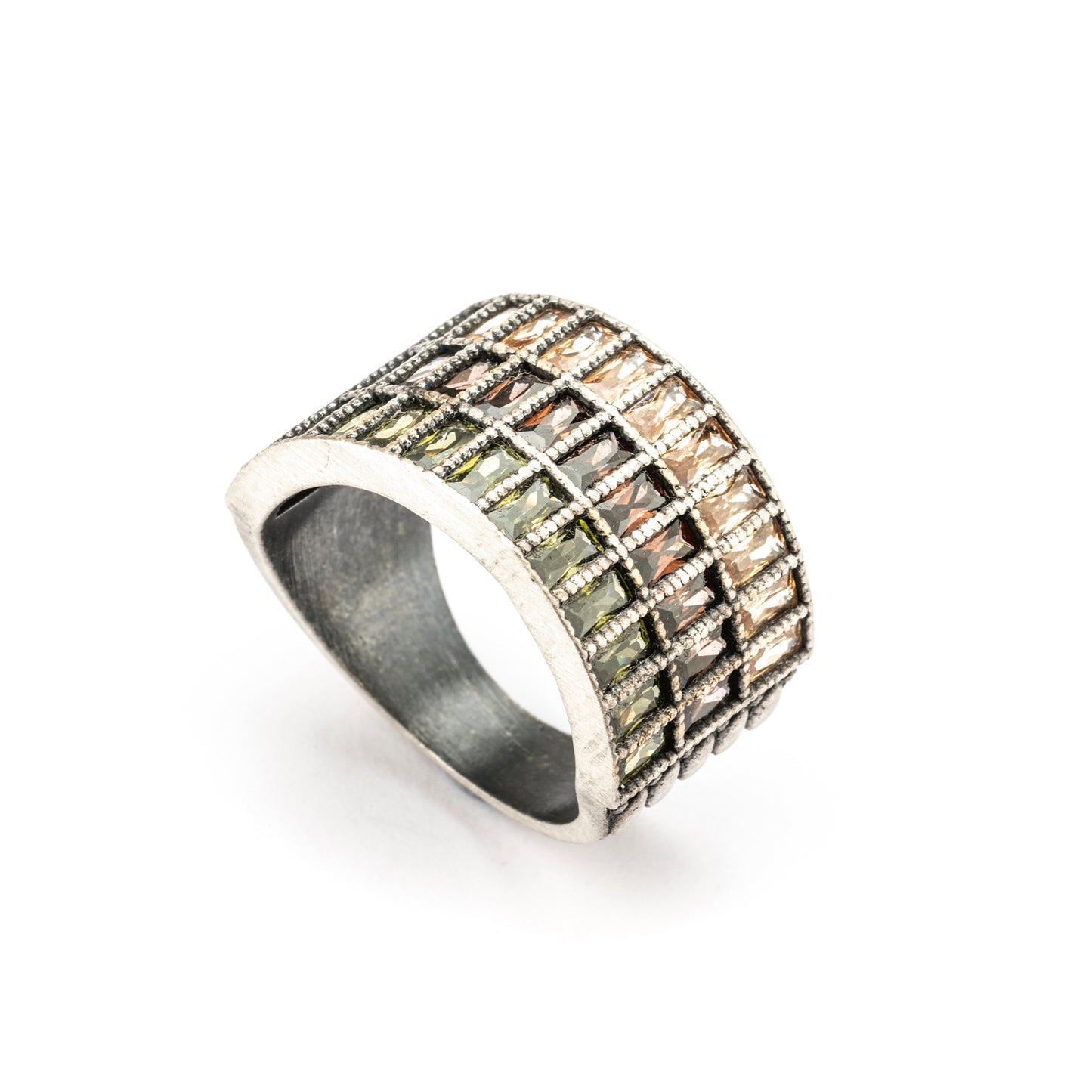 15647 ANILLO ANCHO PLATA BAGUETTES CIRCONITAS CAVA, BROWN, VERDE