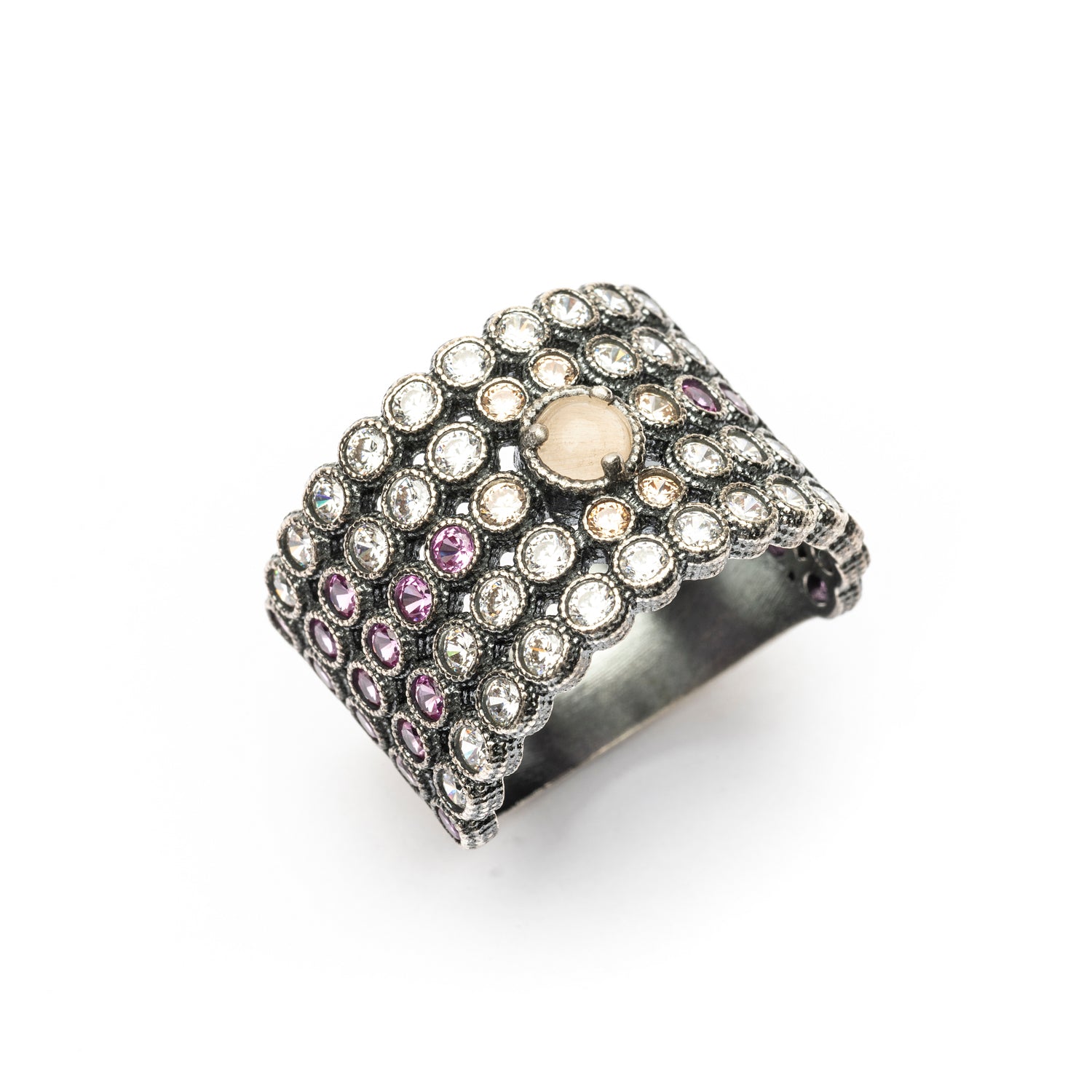 Anillo Ancho Plata Ojo de Gato Salmón