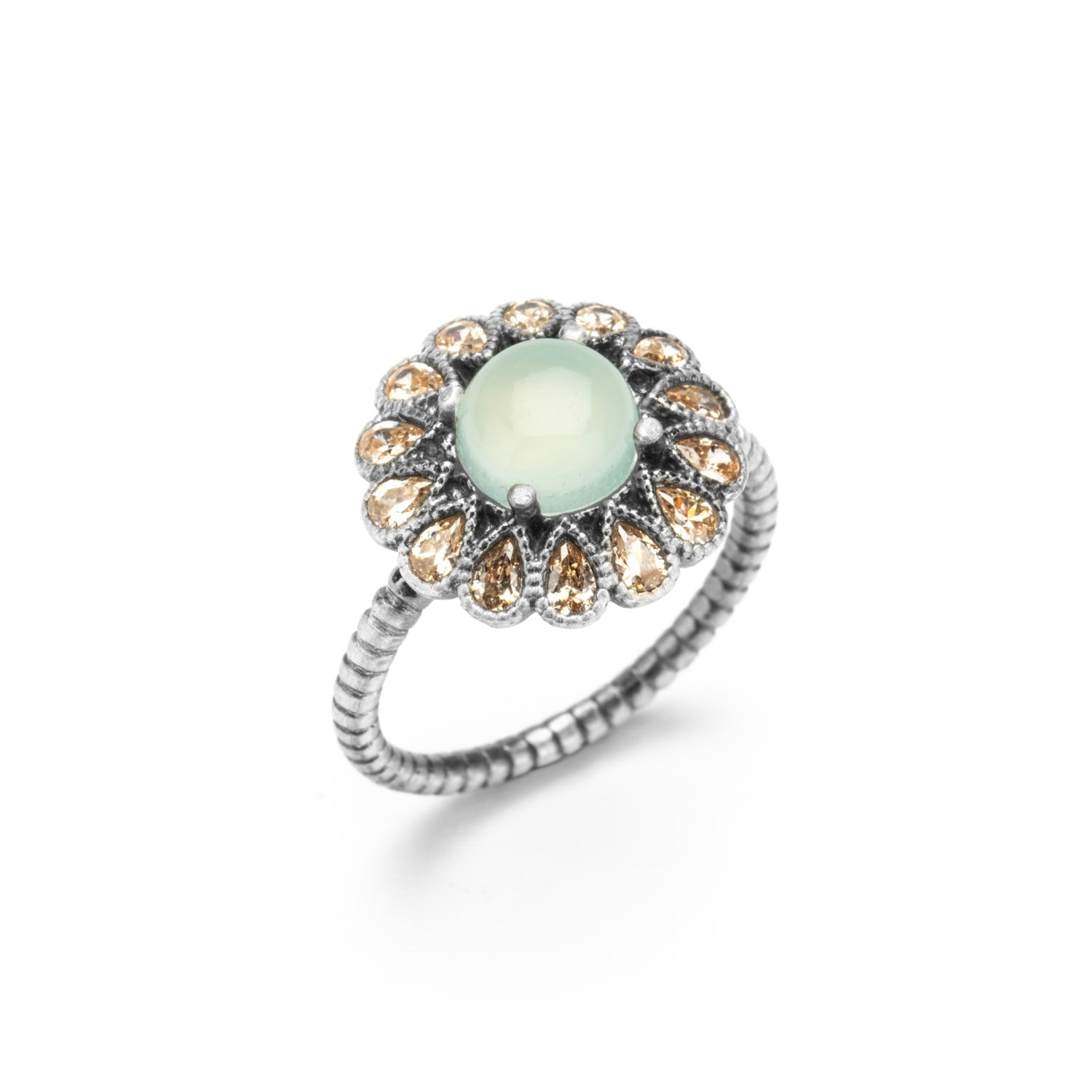 anillo plata flor calcedonia redonda, gotas cava