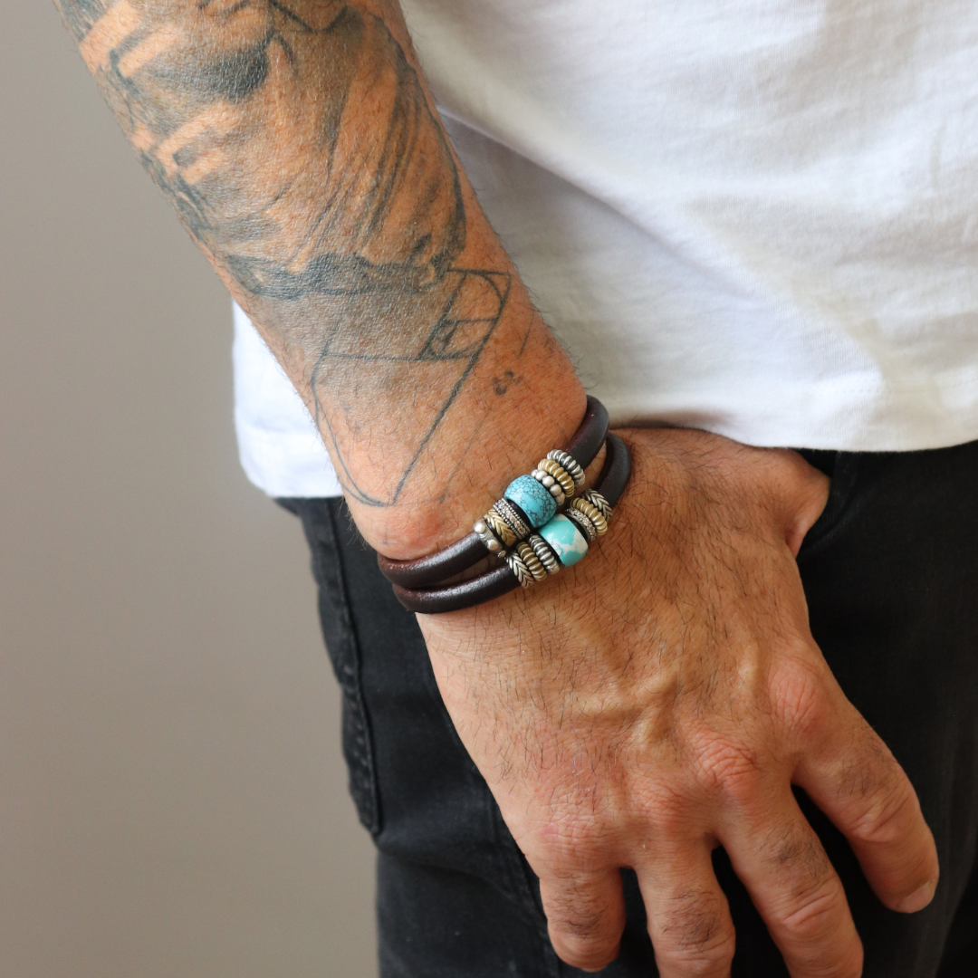 Pulsera Cuero Plata y Bronce