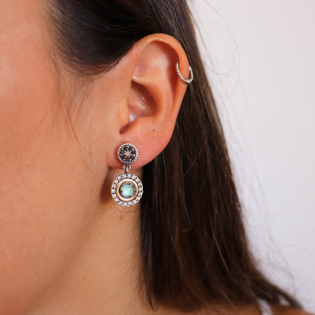 P1022 PENDIENTES PLATA Y ORO 9KT, CALCEDONIA, CIRCONITAS CAVA