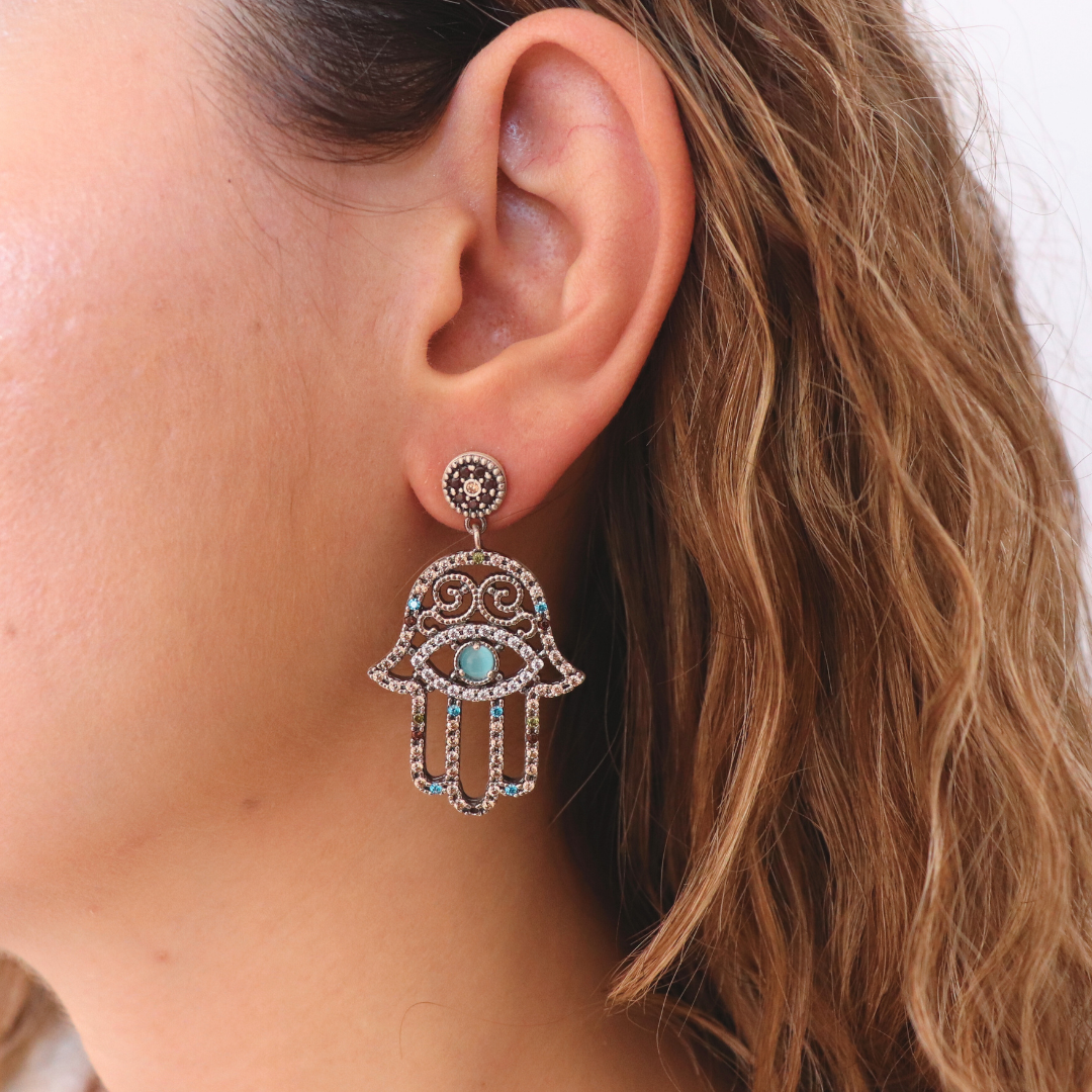 FAT-55 PENDIENTES PLATA FÁTIMA LARGOS, OJO DE GATO AZUL, CIRCONITA TOPACIO, CAVA, BLANCA