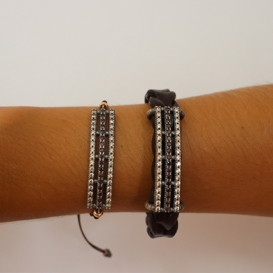 TREN-17 CAVA BROWN LEATHER, SILVER, AND ZIRCONIA BRACELET