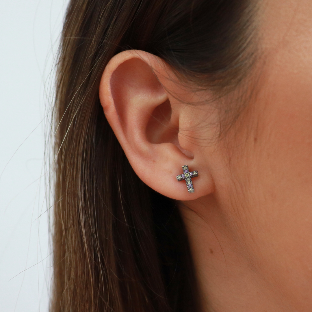 Pendientes Botón Plata Cruz