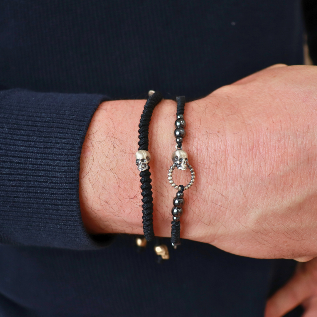 Pulsera Plata Macramé Calavera Anilla