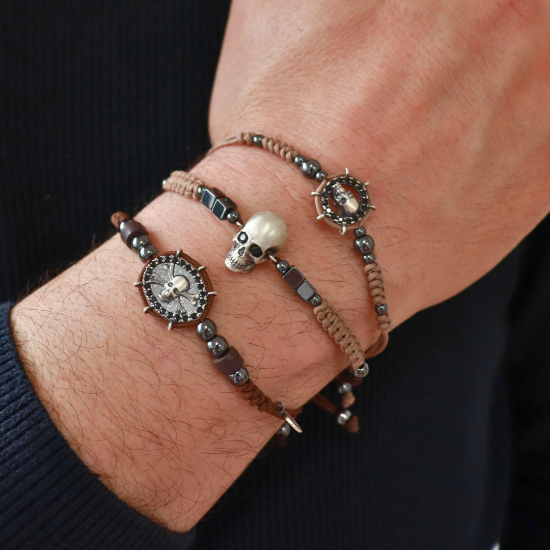 Pulsera Plata Macramé Calavera