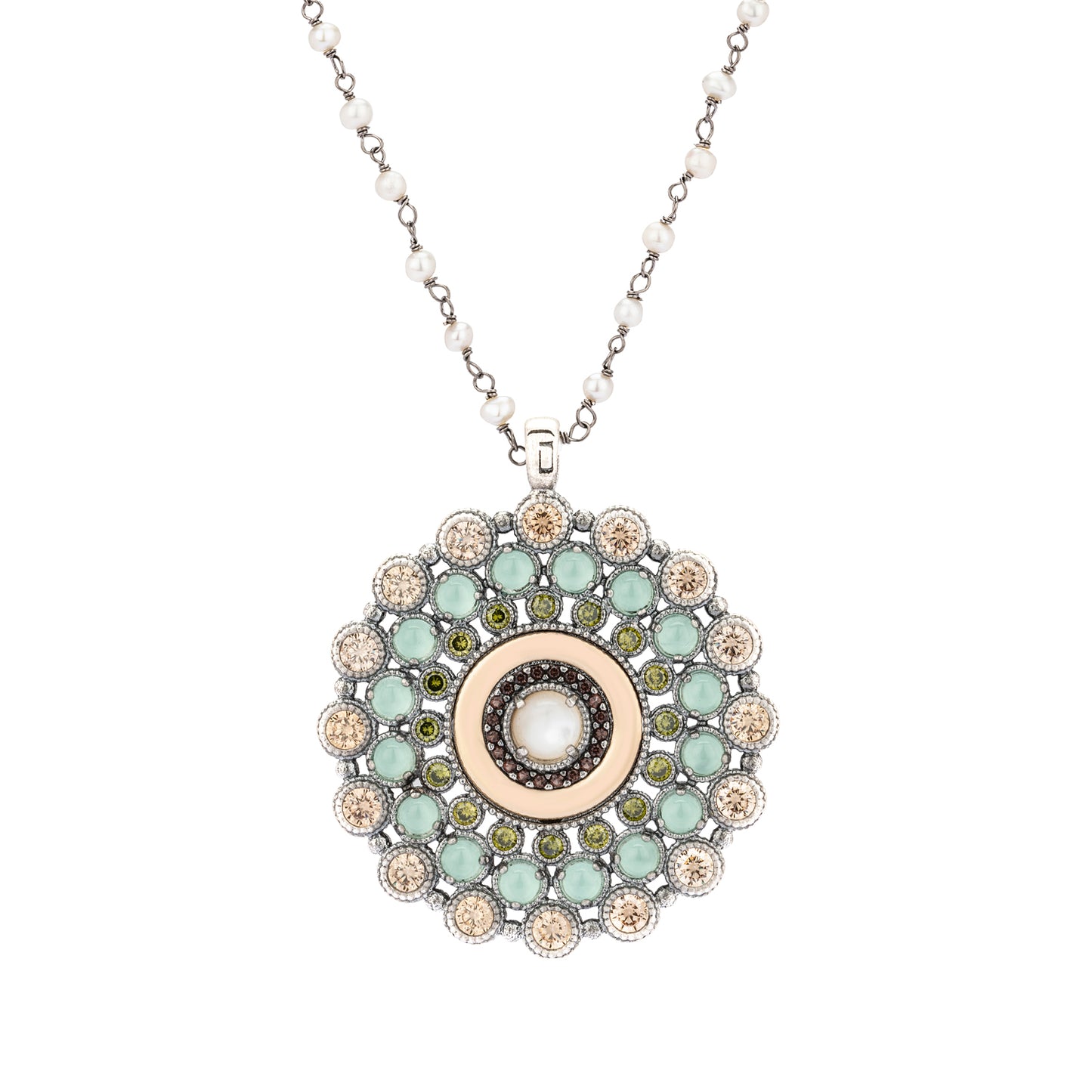 C901 COLGANTE PLATA Y ORO 9KT NÁCAR, CALCEDONIAS, CIRCONITAS VERDE, CAVA