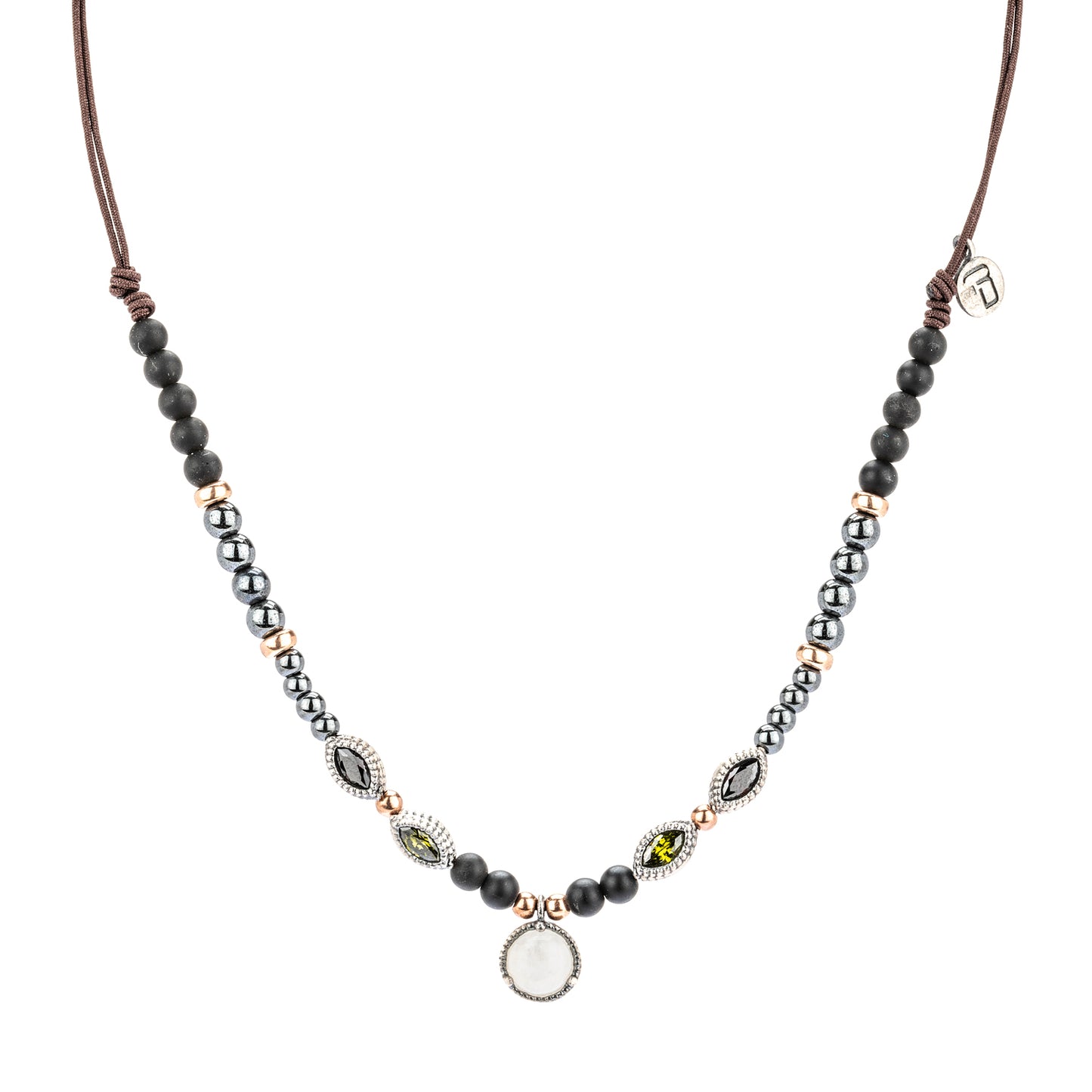 C929 COLGANTE MACRAMÉ PLATA, PIEDRA LUNA, CIRCO, HEMATITES, OBSIDIANAS