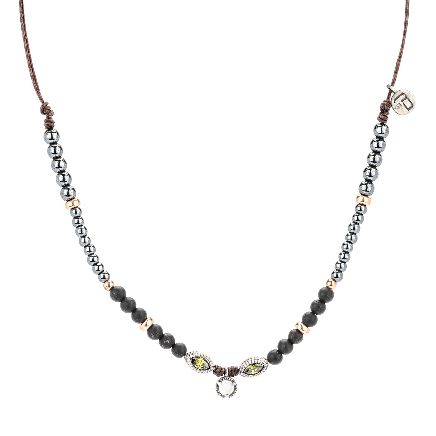 C931 COLGANTE MACRAMÉ PLATA, PIEDRA LUNA, CIRCO, HEMATITES, OBSIDIANAS
