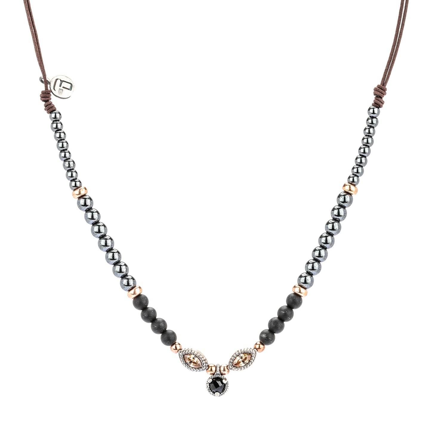C932 COLGANTE MACRAMÉ PLATA, ÓNIX FACETADO, CIRCO, HEMATITES, OBSIDIANAS