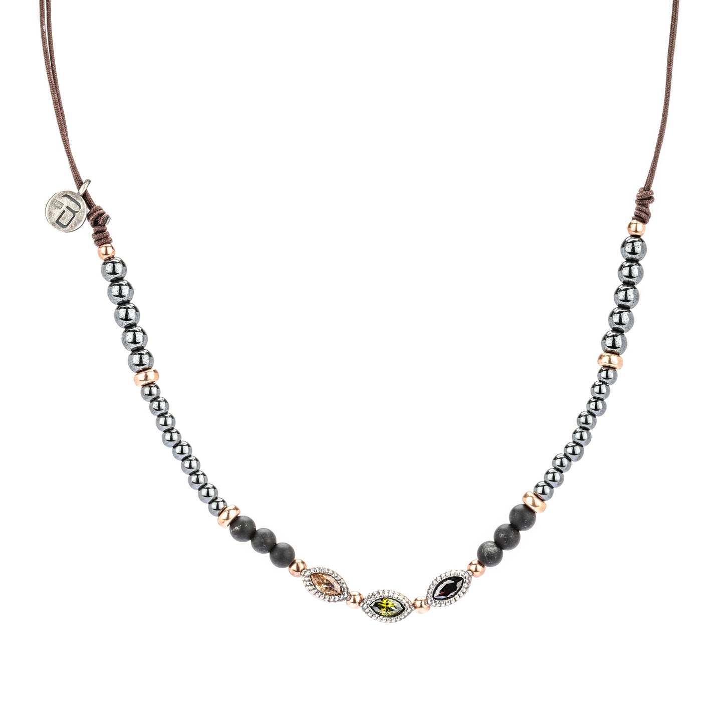 C933 COLGANTE MACRAMÉ PLATA, CIRCONITAS TRICOLOR, HEMATITES, OBSIDIANAS