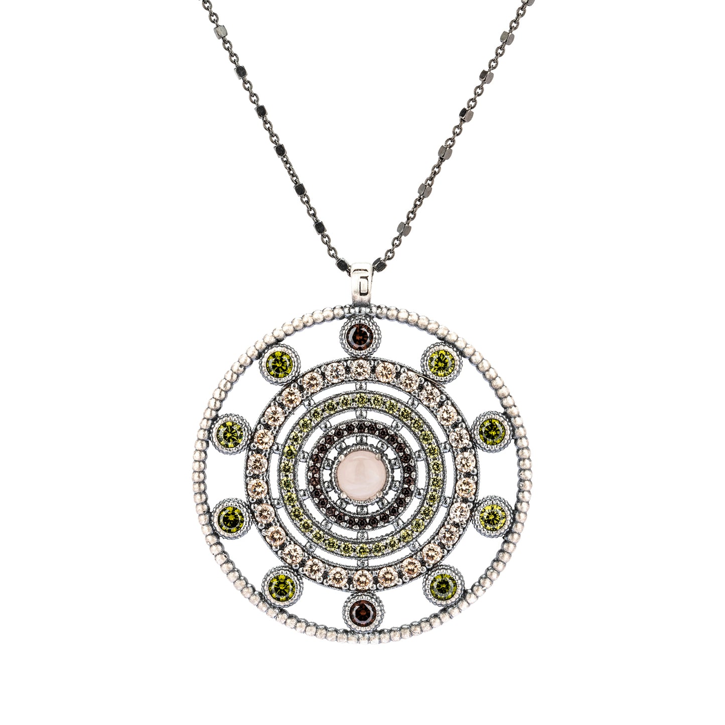 C935 COLGANTE GRANDE DE PLATA, CUARZO ROSA, CIRCONITAS BROWN, VERDE, CAVA