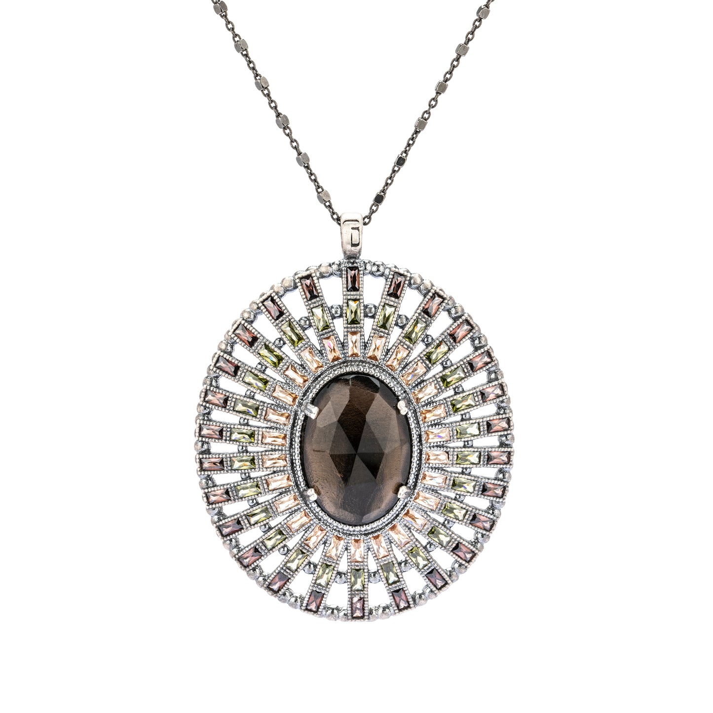C958 COLGANTE GRANDE PLATA CUARZO FUMÉ, BAGUETTES CIRCONITAS TRICOLOR