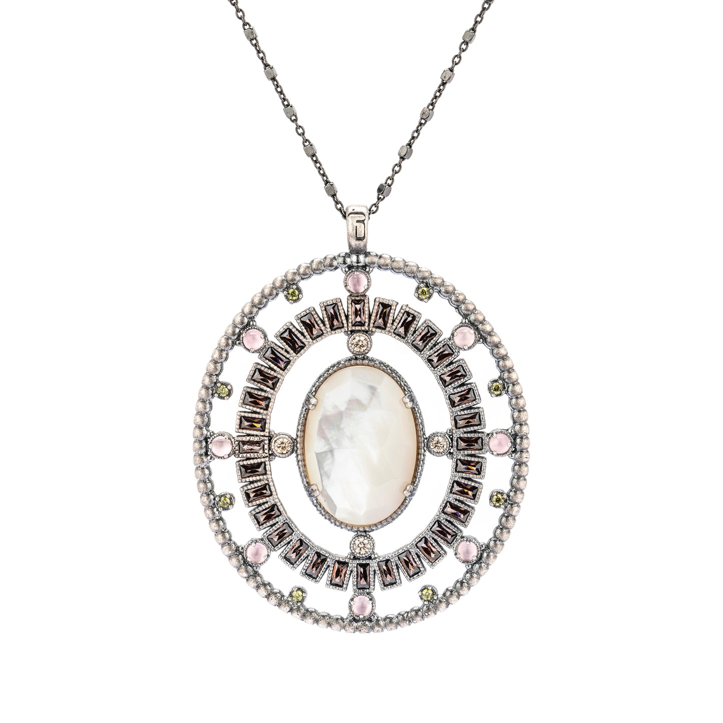 C959 COLGANTE GRANDE PLATA NÁCAR FACETADO, OJO GATO ROSA, BAGUETTES CIRCO BROWN