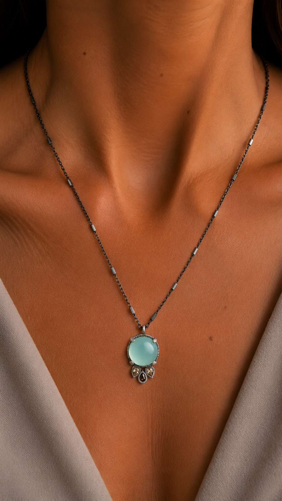 Silver chalcedony pendant, 3 champagne and brown zircon drops
