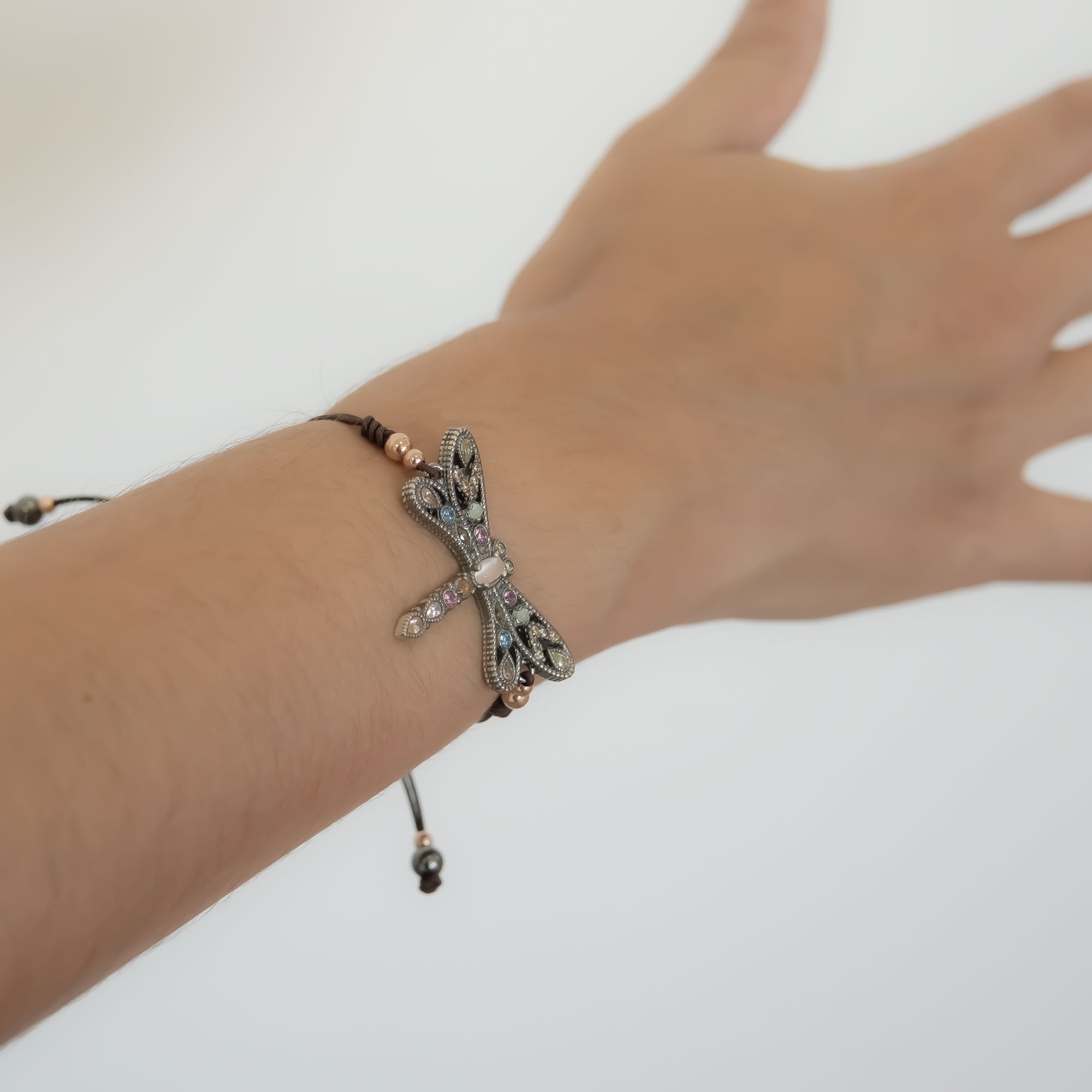 Pulsera macramé plata libélula