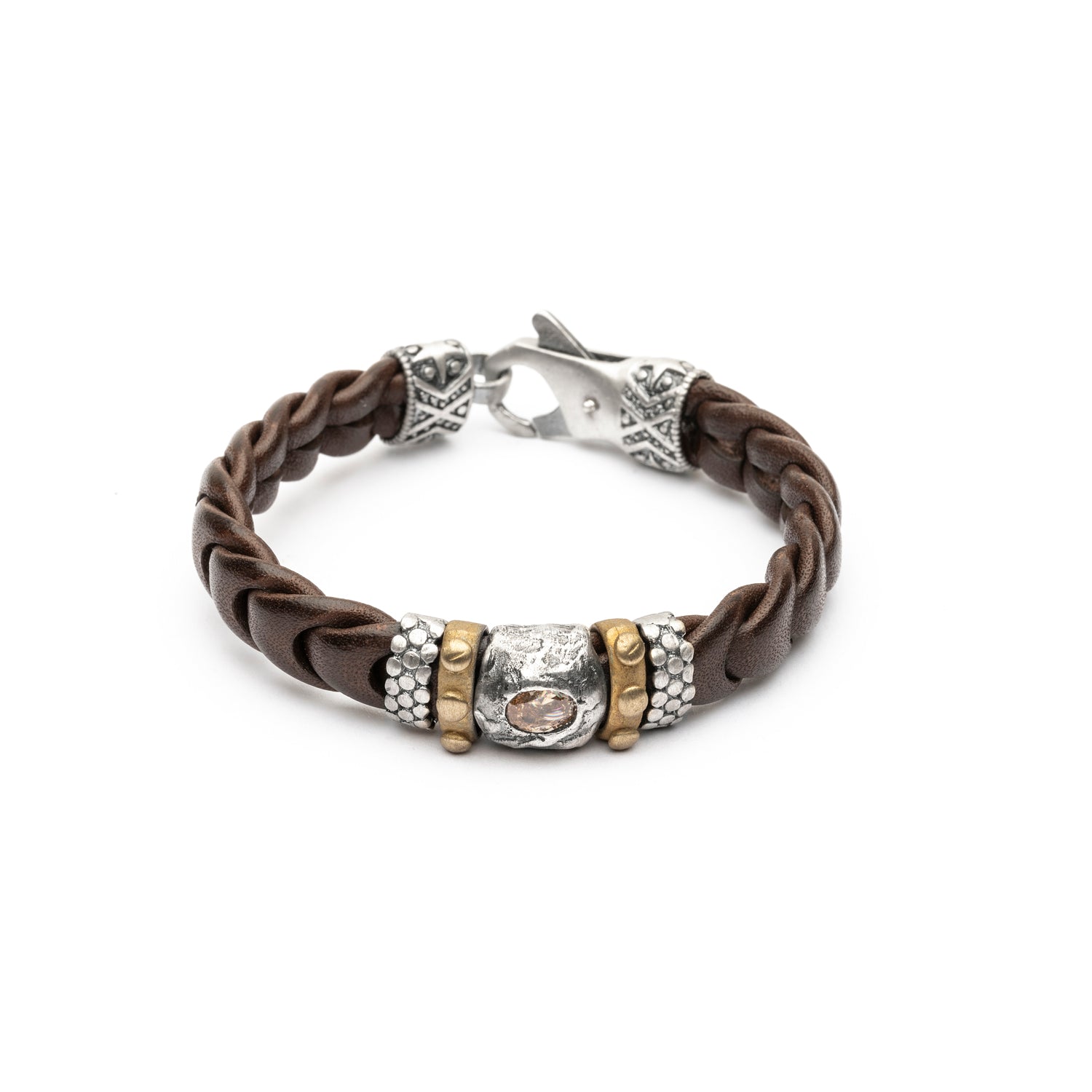Pulsera Cuero Plata y Bronce Cava